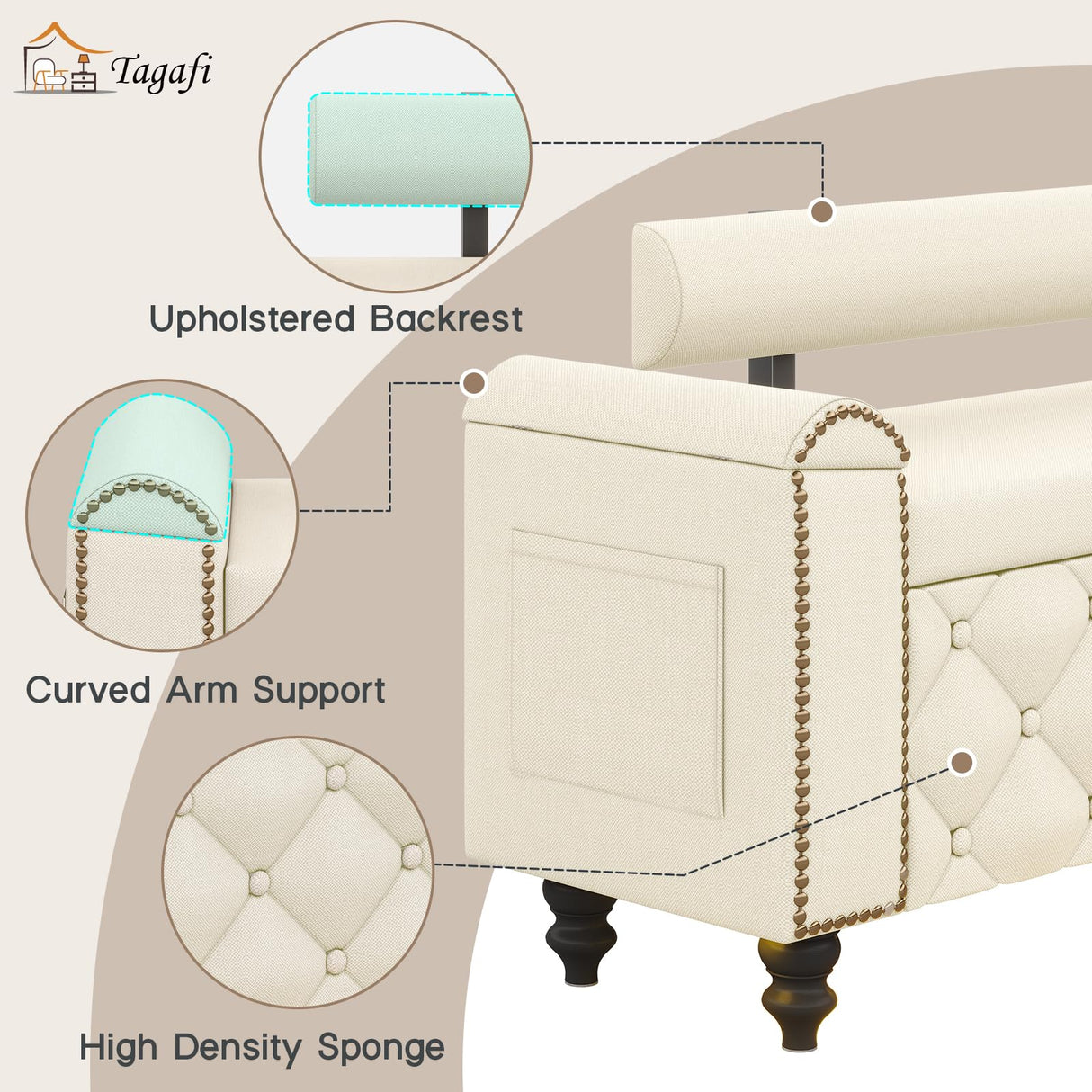 51" Ottoman with Storage, Storage Ottoman Bench with Upholstered Backrest, Tufted Entryway Bench with Curved Arm Support, End of Bed Bench with LED Lights, Storage Bench for Bedroom,Living Room,Beige Tagafi