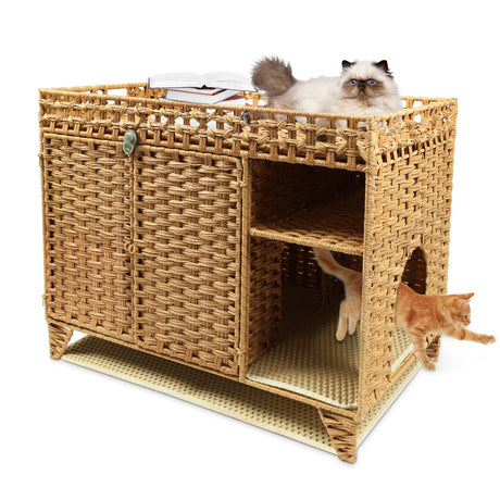Forotone Cat Litter Box Enclosure, Hidden Cat Washroom Furniture with Litter Mat, Rattan Indoor Large Pet House with Door, for Living Room, Bedroom, Balcony Forotone