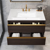 DWVO 32 Inch Bathroom Floating Vanity with Sink Combo, Wall Mount Bathroom Vanity Sintered Stone Countertop & Integrated Sink, Bathroom Cabinet Includes Ceramic Sink with Cabinet, Oak Grey DWVO
