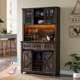 AMERLIFE Coffee Bar Cabinet with Sliding Barn Door, 72'' Farmhouse Kitchen Sideboard, Buffet Storage Table, Wine Glass Racks, 3 Drawers, LED Lights, Tall Hutch Home Bar Dark Rustic Oak AMERLIFE
