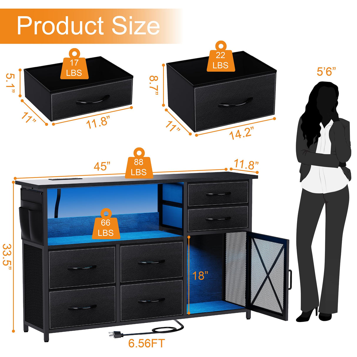 SZLHANJZ Dresser for Bedroom with LED Lights, TV Stand with Charging Station for 50 inch TV, 6 Drawers Chest with Door and Side Storage, Long Metal Dresser Table for Living Room, Black SZLHANJZ