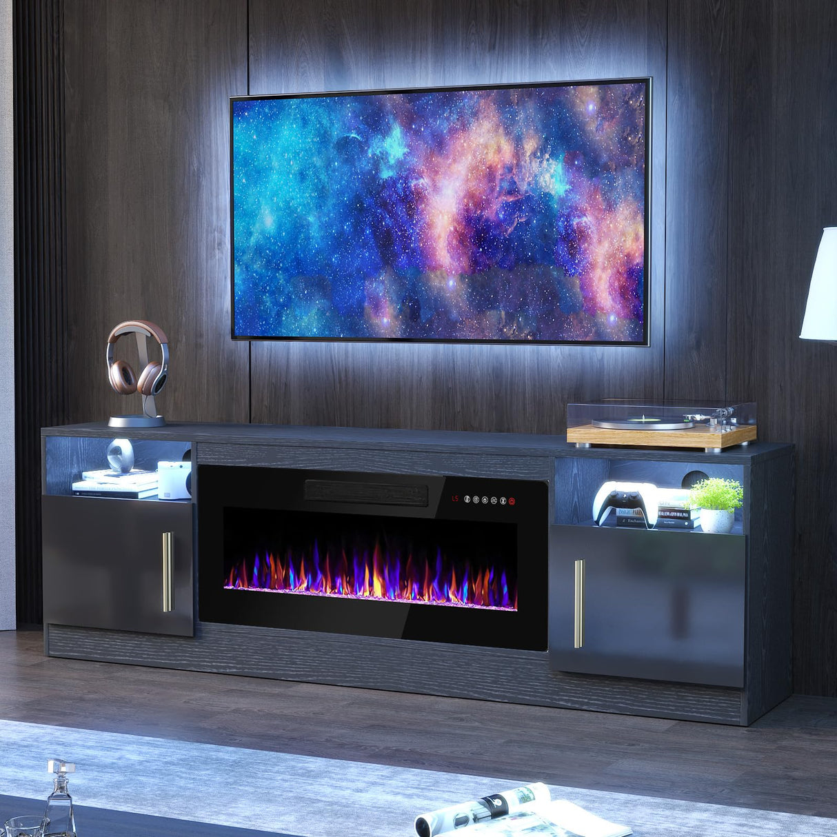 PRETZI Fireplace TV Stand with 36" Fireplace Up to 80" TVs,70" Entertainment Center with LED Lights,Remote Control,TV Media Console with Storage Cabinets for Living Room, Black PRETZI