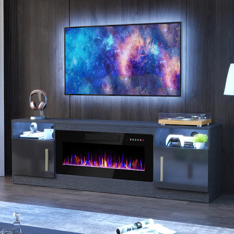 PRETZI Fireplace TV Stand with 36" Fireplace Up to 80" TVs,70" Entertainment Center with LED Lights,Remote Control,TV Media Console with Storage Cabinets for Living Room, Black PRETZI