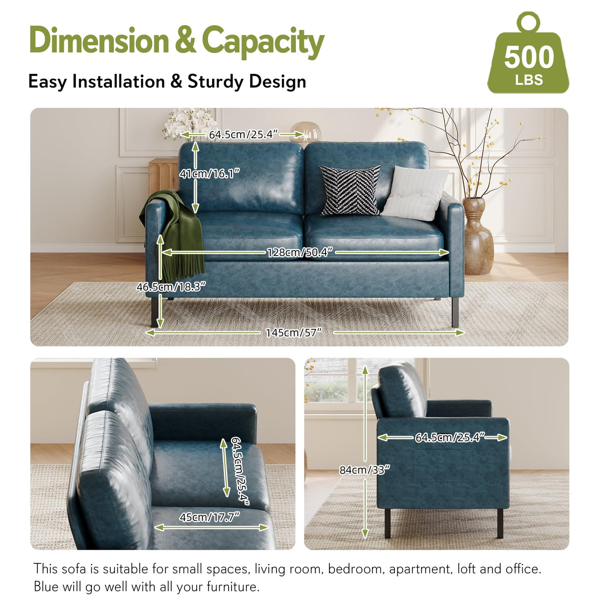 STHOUYN 57" W Faux Leather Loveseat w/ 2 USB, Small Loveseat Sofa w/Side Pockets, Wooden Frame Small Couch w/Metal Legs, Office Mini Couch for Dorm, Bedroom, Apartment (Blue, 2 Seater) STHOUYN