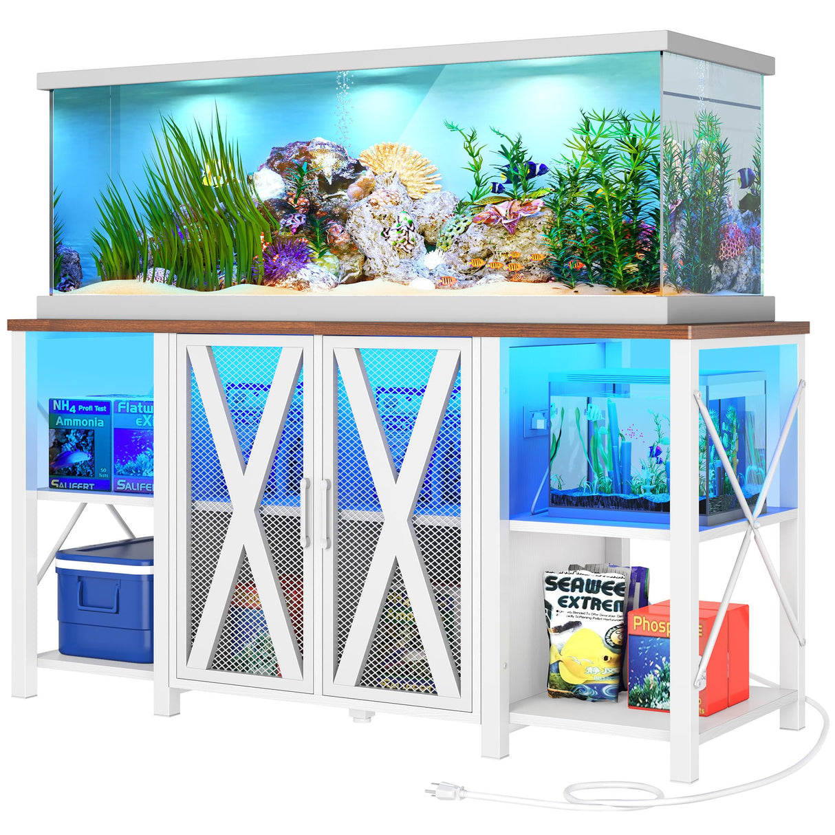 DWVO 75-120 Gallon Aquarium Stand with Power Outlet & LED Light, Cabinet for Accessories Storage - Heavy Duty Metal Fish Tank Stand Suitable for Turtle Tank, Reptile Terrarium, 2000LBS Capacity, White DWVO
