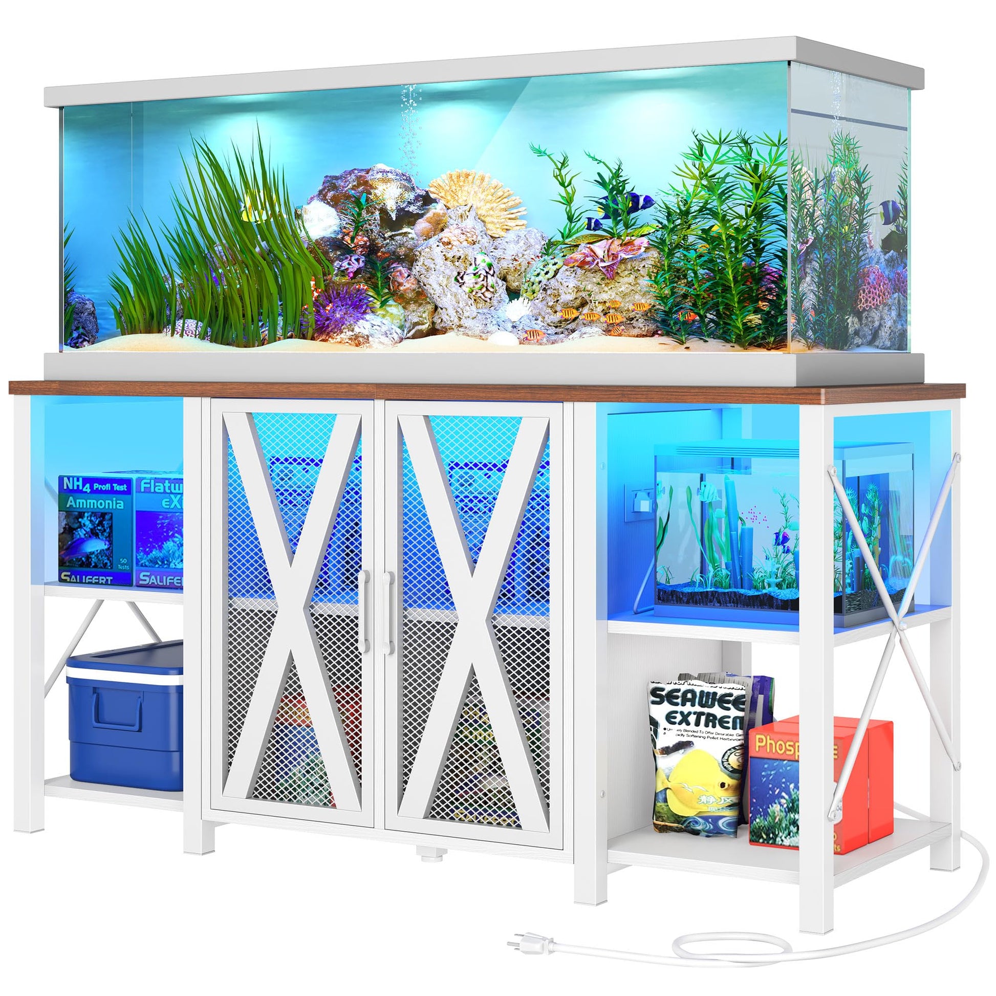 DWVO 75-120 Gallon Aquarium Stand with Power Outlet & LED Light, Cabinet for Accessories Storage - Heavy Duty Metal Fish Tank Stand Suitable for Turtle Tank, Reptile Terrarium, 2000LBS Capaci - WoodArtSupply