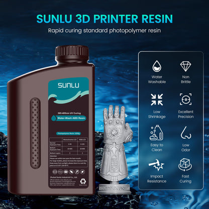 SUNLU 1000g Water-Wash ABS Resin, Combines features of ABSLIKE Resin & Water Washable Resin, Non Brittle, High Precision, Low Shrinkage, Fast Curing 3D Resin for LCD DLP SLA 3D Printers, 1KG Grey