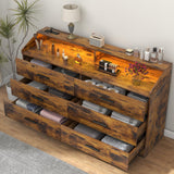 Gyfimoie 6 Drawer Dresser with Power Outlet, Chest of Drawers with LED Light, Modern Dresser with Open Storage Cubby, Double Wide Dresser Organizer for Bedroom, Living Room, Entryway, Hallway Gyfimoie