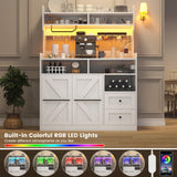 VVFLU Hutch Storage Buffet Cabinet with Drawers, and Charging Station, Coffee Bar Cabinet with Barn Doors, Wine Rack and Hooks, White Wood Sideboard Buffet for Kitchen, Dining Room, 54.5" High VVFLU
