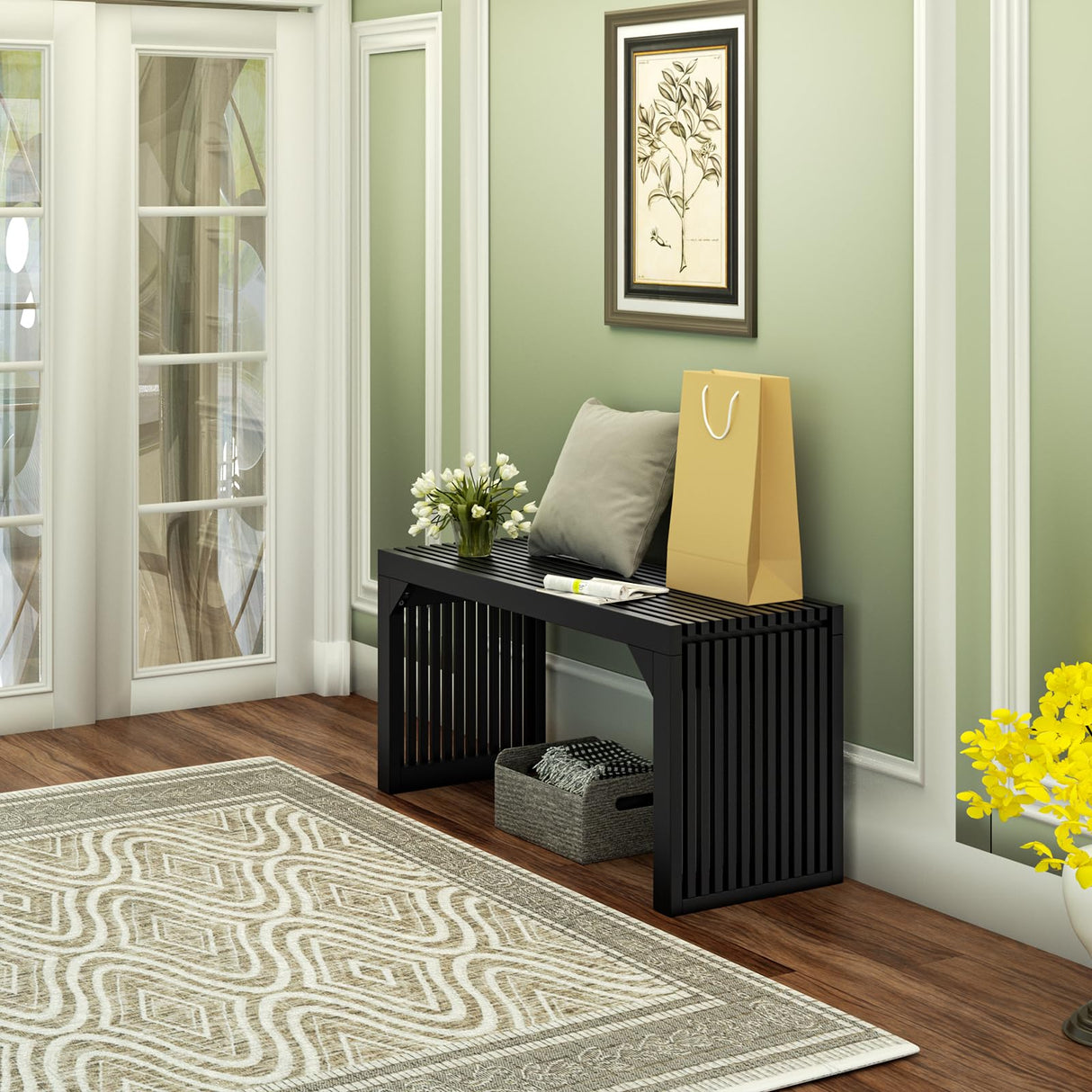 MODCART 35" Solid Wood Bench, Black Entryway Bench with Storage, Modern Shoe Bench, Narrow Bench for Entryway, Living Room, Kitchen MODCART