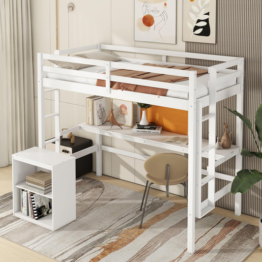 Bellemave Twin Size Loft Bed with Desk and Writing Board,Solid Wood Twin Loft Bed Frame with 2 Drawers Cabinet and Safety Guardrail for Kids Teens Adults,Bedroom,White