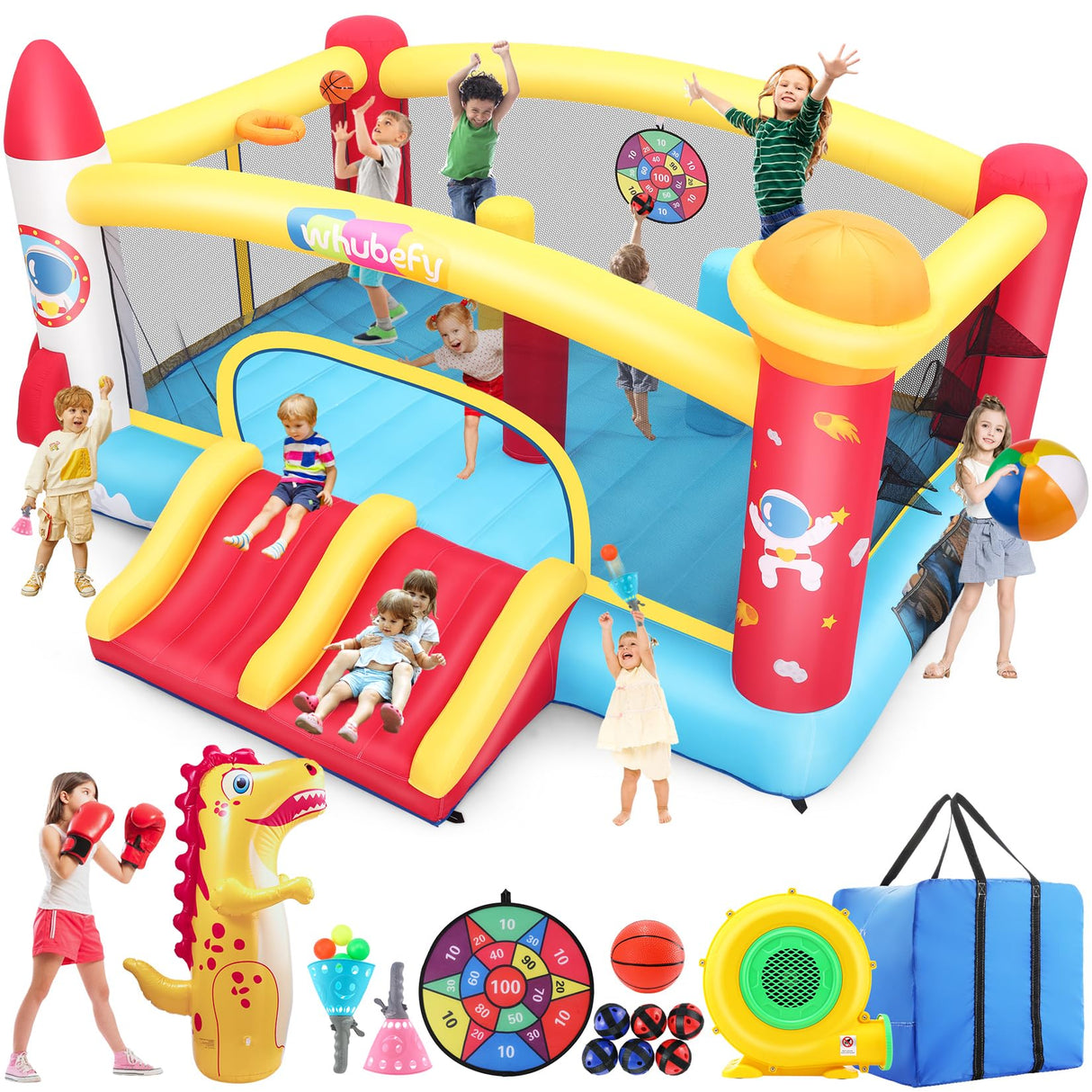 Whubefy Inflatable Bounce House for Big Kids 3-12 with Double Racing Slide & 3 Punching Bag Obstacle Course | Large Space Rocket Blow Up Bouncy Castle 13.1x11.2x7.1ft w/Blower, Indoor Outdoor Fun 8-12 Whubefy