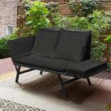 Greesum Outdoor Sofa, Woven Rattan Patio Furniture, Convertible Daybed or Double Chair with Adjustable Armrests, Cushions and Pillows for Yard, Porch, Pool, Black Lounger & Black Pillowcase Greesum