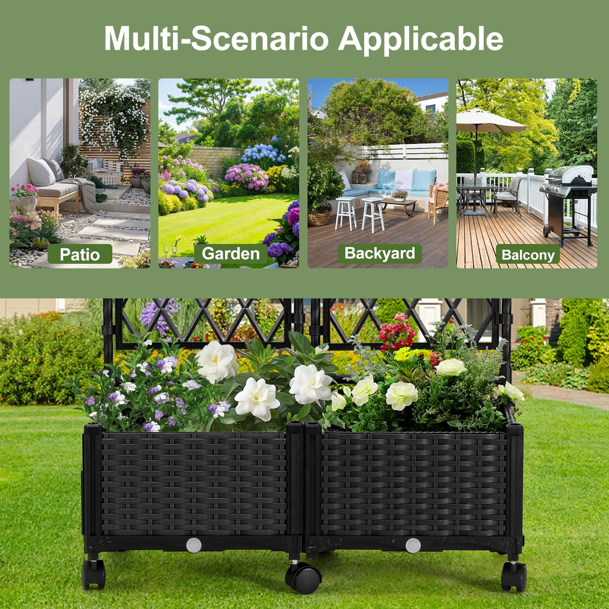 FOLLOOK Planter Box with Trellis, 4ft Tall Self-Watering Plastic Raised Garden Beds and Lattice Trellis with Lockable Wheels & Drain Plug for Outdoor Patio Backyard Balcony, Black, 2 Pcs FOLLOOK