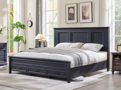 JXQTLINGMU Farmhouse Queen Wood Bed Frame with 52" Tall Headboard & Footboard, Platform Bedframe with Hidden Storage Drawers, Noiseless, No Box Spring Required, Antique Black