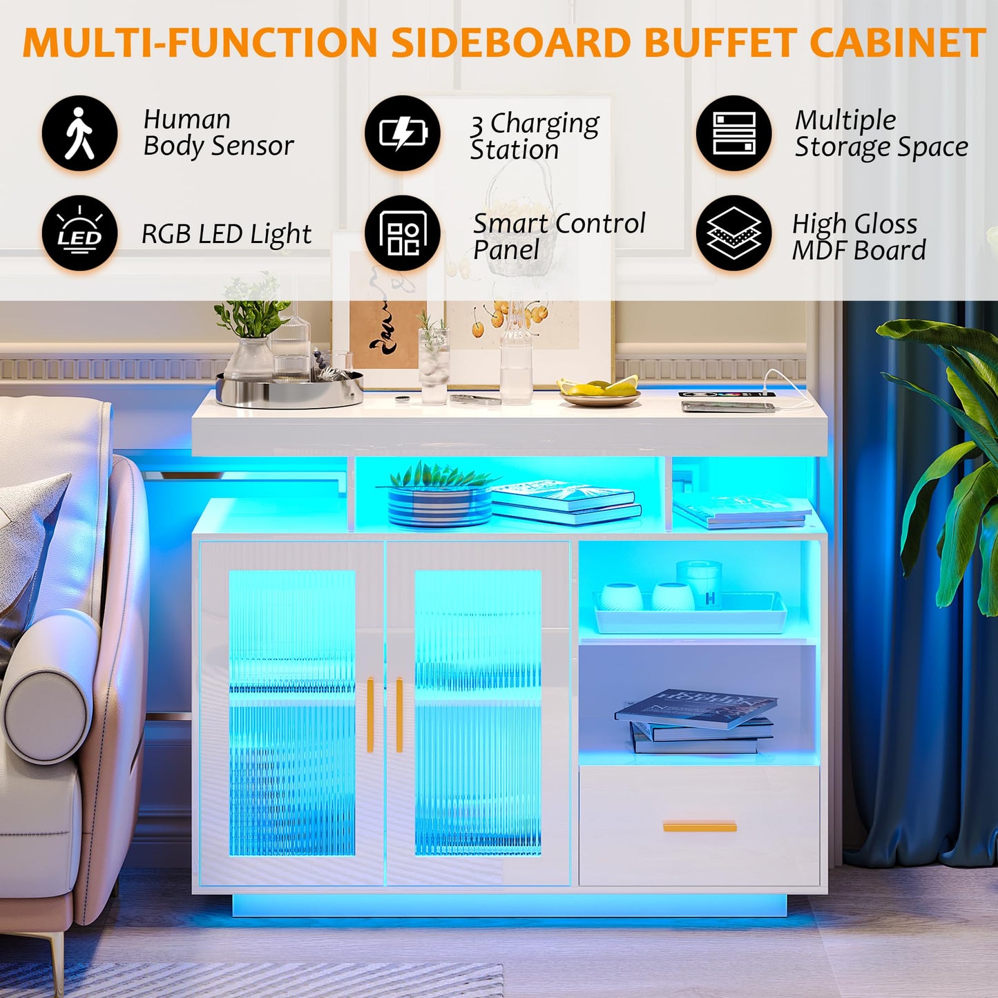 Modern White LED Sideboard Buffet Cabinet with Charging Station and Auto Sensor Lights