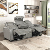 Lexicon Power Double Reclining Sofa, Center Drop-Down Table with Heat/Massage/Headrest/Storage Arms/Cup Holders/LED Lights/Wireless Charging, Top Grain Leather Match Wall Hugger Recliner Sofa, Grey Lexicon