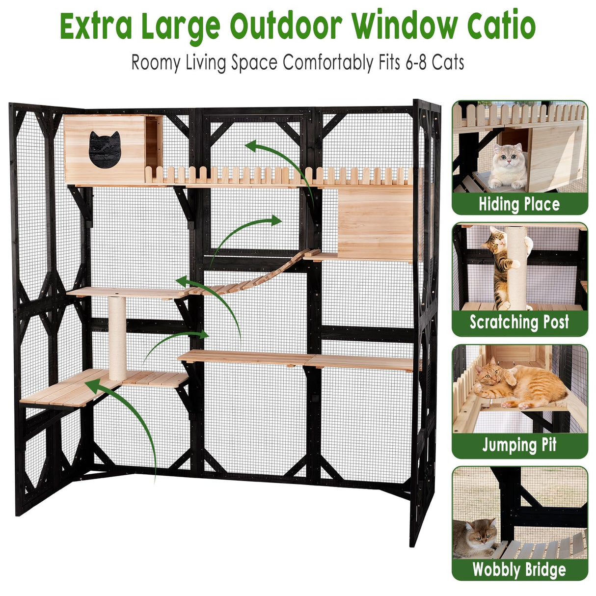 Catio Outdoor Cat Enclosure Wooden Cat House for Mulitiple Cats Walk-in Cage Window Acess with Heavy Duty Weather-Proof Asphalt Roof nicedday