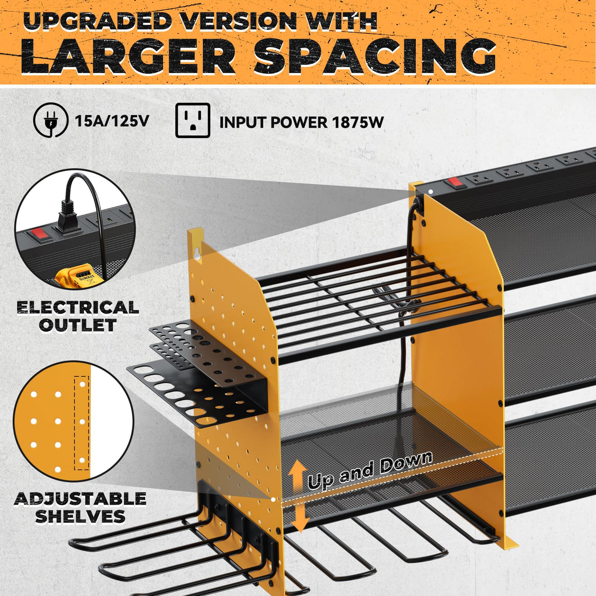 WIWIDRM Upgrade Large Power Tool Organizer Wall Mount with Charging Station Tool Storage Rack with 6.5FT Power Strip 10 Drill Holder and Storage Rack for Garage Organization WIWIDRM