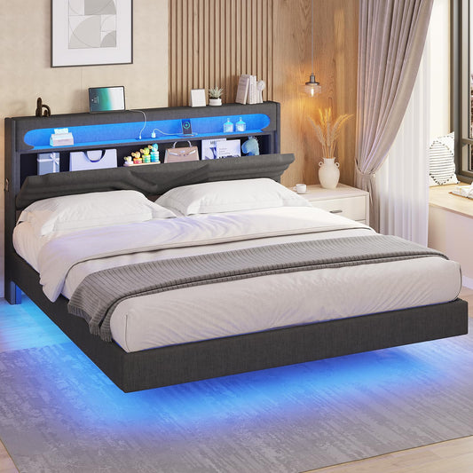 HAUOMS Full Size Floating Bed Frame with LED Headboard, USB Charging & Storage Solutions - WoodArtSupply