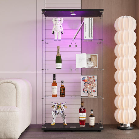 nifoti 4-Shelf Glass Display Cabinet with LED Lights and Lock,Curio Cabinets Display Case with 2 Door,Tempered Glass Collection Display Showcase for Living Room,Exhibition Hall 64.7"x 32"x 14.4" Black nifoti