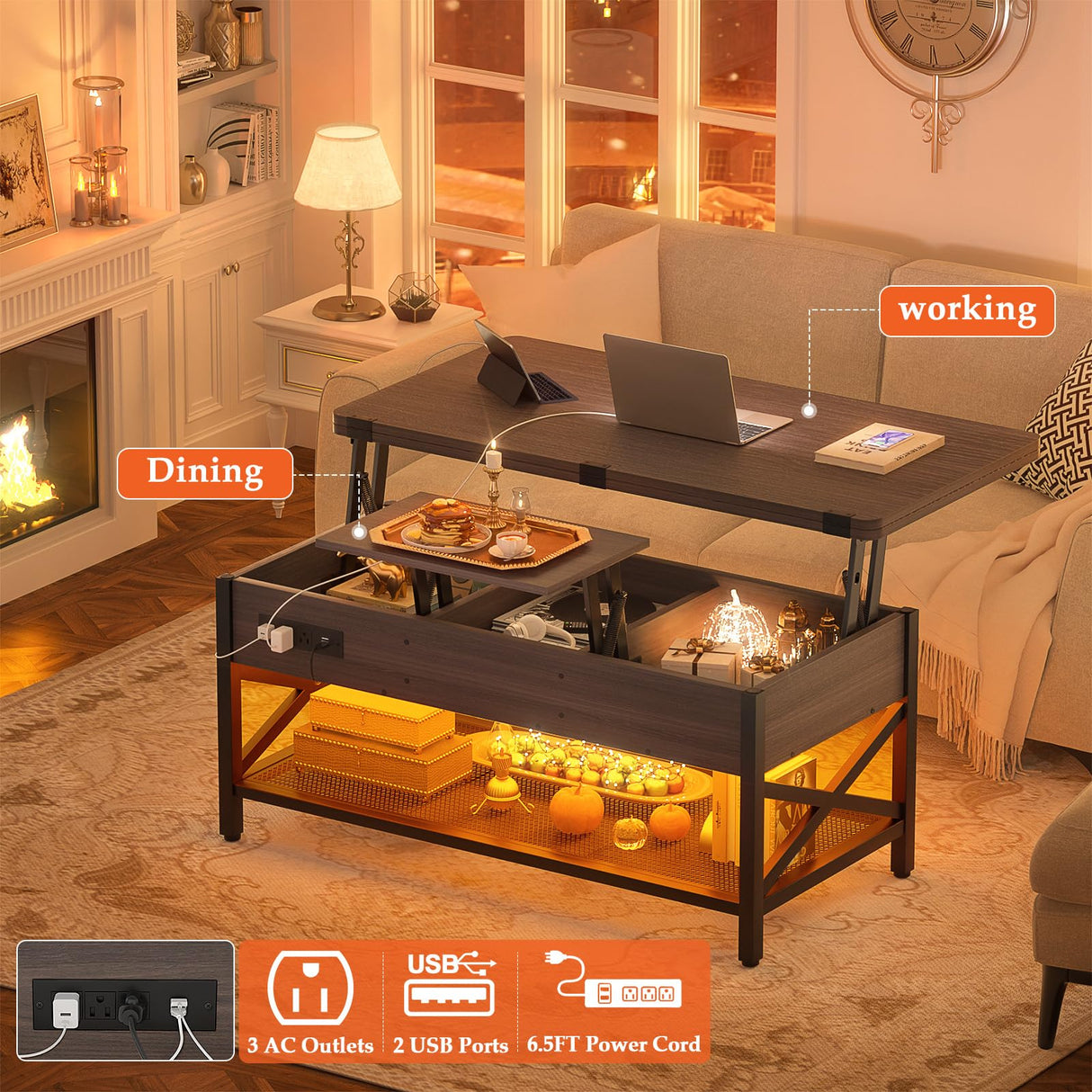 Aheaplus Coffee Table Lift Top Multi-Function Coffee Table Converts to Dining Table, with LED Light and Power Outlet, Center Table with Shelves for Living Room Reception Home Office,-S2, Espresso Aheaplus