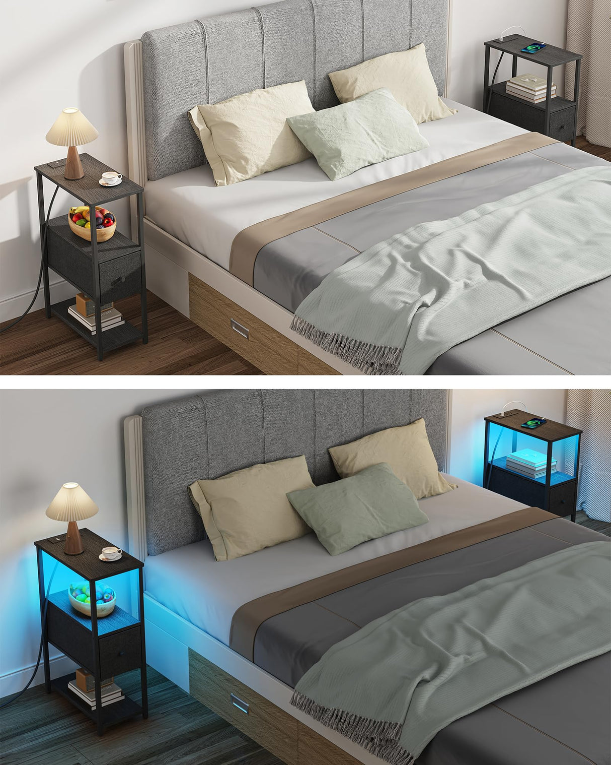 TUTOTAK Small Narrow LED End Table with Charging Station, Side Table Outlets, Nightstand with Cloth Drawer, Set of 2, Couch Table, for Living Room, Bedroom, Bedside, Black TB01BK059 TUTOTAK