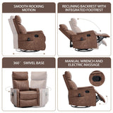 PELUMY Recliner Chair Swivel Rocking with Heat Massage - 360° Manual Recliner, 8-Point Vibrating & Lumbar Heat, Easy Assembly Chair for Living Room (Breathable Leather, Brown) PELUMY