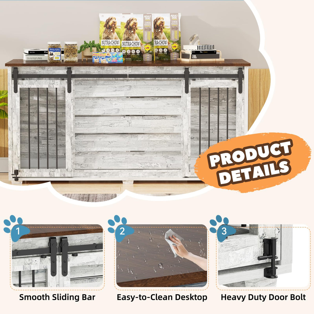 EBE Dog Crate Furniture, 63''Wooden Dog Kennel with Removable Divider and Sliding Door, Dog Crate with Double Rooms, Heavy Duty Dog Crate Table Indoor TV Stand for Small Medium Large Dogs EBE