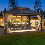 EROMMY 12'x16' Hardtop Gazebo Double Roof Galvanized Steel Canopy Outdoor Aluminum Frame Permanent Metal Pavilion with Netting and Curtains for Patio Backyard Deck and Lawns EROMMY