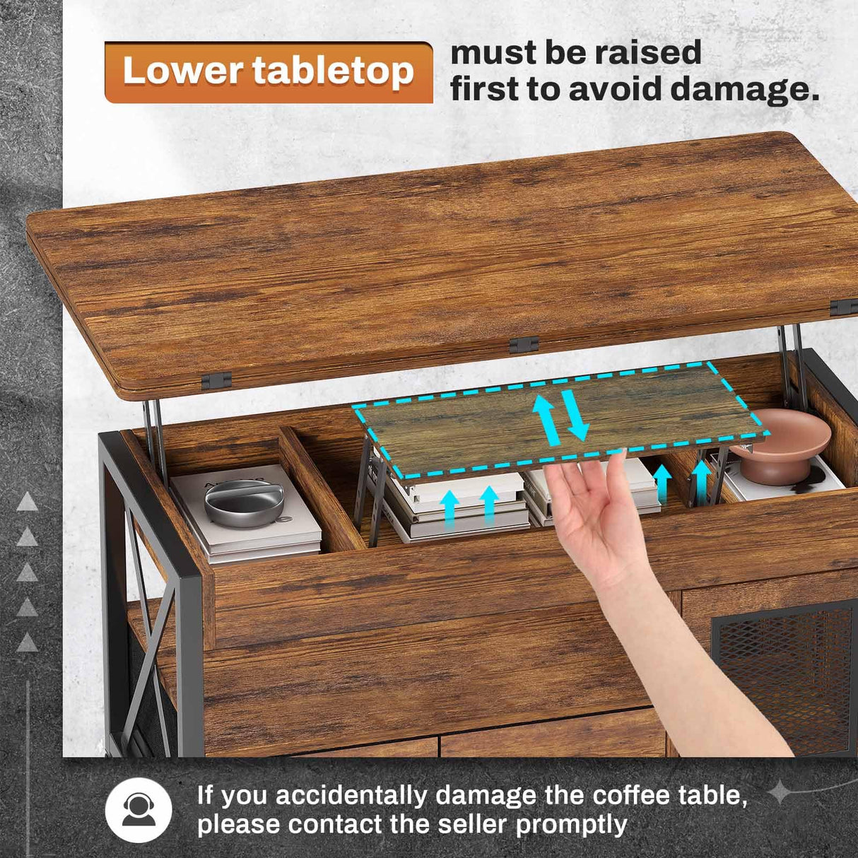 Itaar 40" Lift Top Coffee Table, 4 in 1 Coffee Tables with Storage Cabinet for Living Room, Small Farmhouse Coffee Table with 2 Fabric Drawers & LED Light for Dining Room, Rustic Brown Itaar