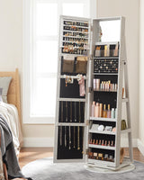 SONGMICS 360° Swivel Jewelry Cabinet, Lockable Jewelry Organizer with Full-Length Mirror, Rear Storage Shelves, Interior Mirror, Jewelry Armoire, Gift Idea, White with Gray Wood Grain UJJC006W01 SONGMICS