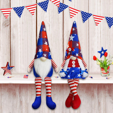2Pcs 4th of July Patriotic Gnomes Plush Decorations - Mr & Mrs Handmade Swedish Tomte Gnomes Ornaments for Patriotic Party Table Decor- Fourth of July Party Home Mantle Fireplace Decor Partyprops