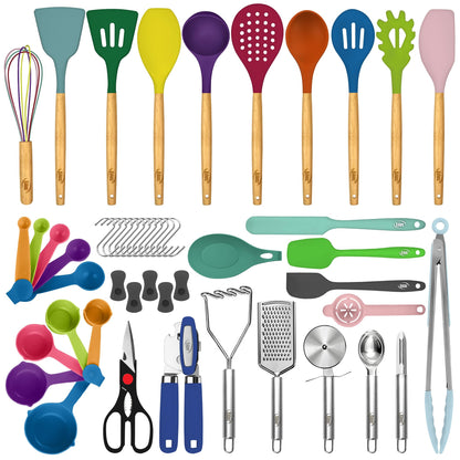 Kaluns 50 PCS Silicone Kitchen Utensils Set - Christmas Gifts For Mom Women Complete Kitchen Set - 800°F Heat Resistant Non-Stick Premium Silicone Cooking Utensils W Wooden Handles Gifts For Mothers