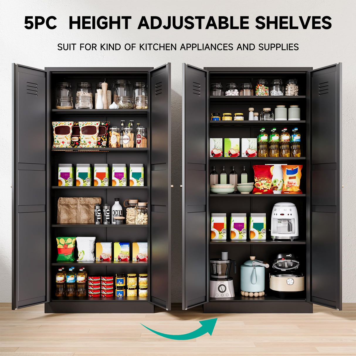 Metal Storage Cabinet with Doors and Shelves,Metal Pantry Cabinet,Black Craft Storage Cabinet,Ventilated Pantry Storage Cabinet,Large Tall Closet Cupboard for Home,Kitchen,Dining/Living/Laundry Room SISESOL