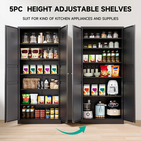 Metal Storage Cabinet with Doors and Shelves,Metal Pantry Cabinet,Black Craft Storage Cabinet,Ventilated Pantry Storage Cabinet,Large Tall Closet Cupboard for Home,Kitchen,Dining/Living/Laundry Room SISESOL