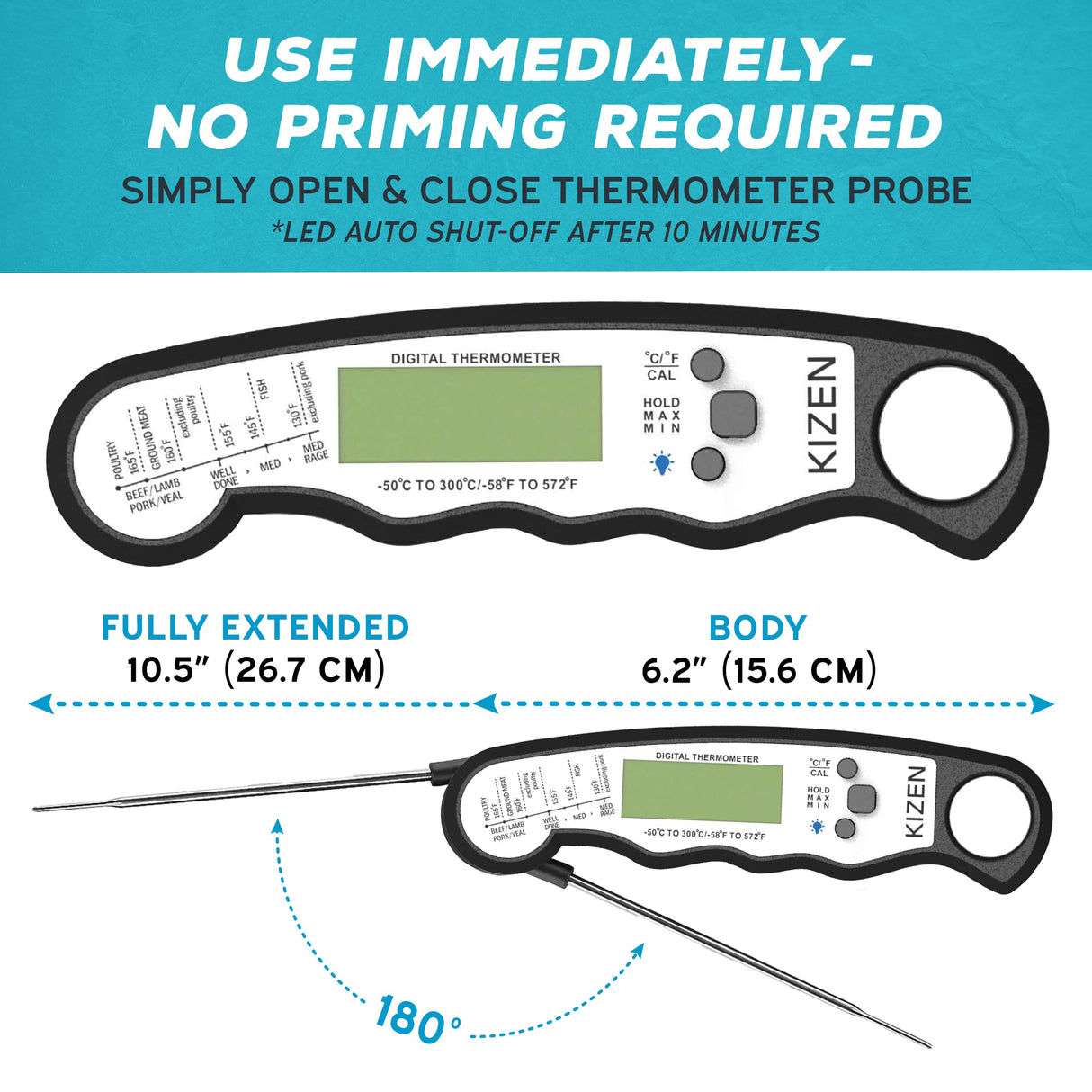KIZEN Instant Read Meat Thermometer Digital - Food Thermometer for Cooking, Grill, Oven, BBQ - Waterproof and Backlit Display KIZEN