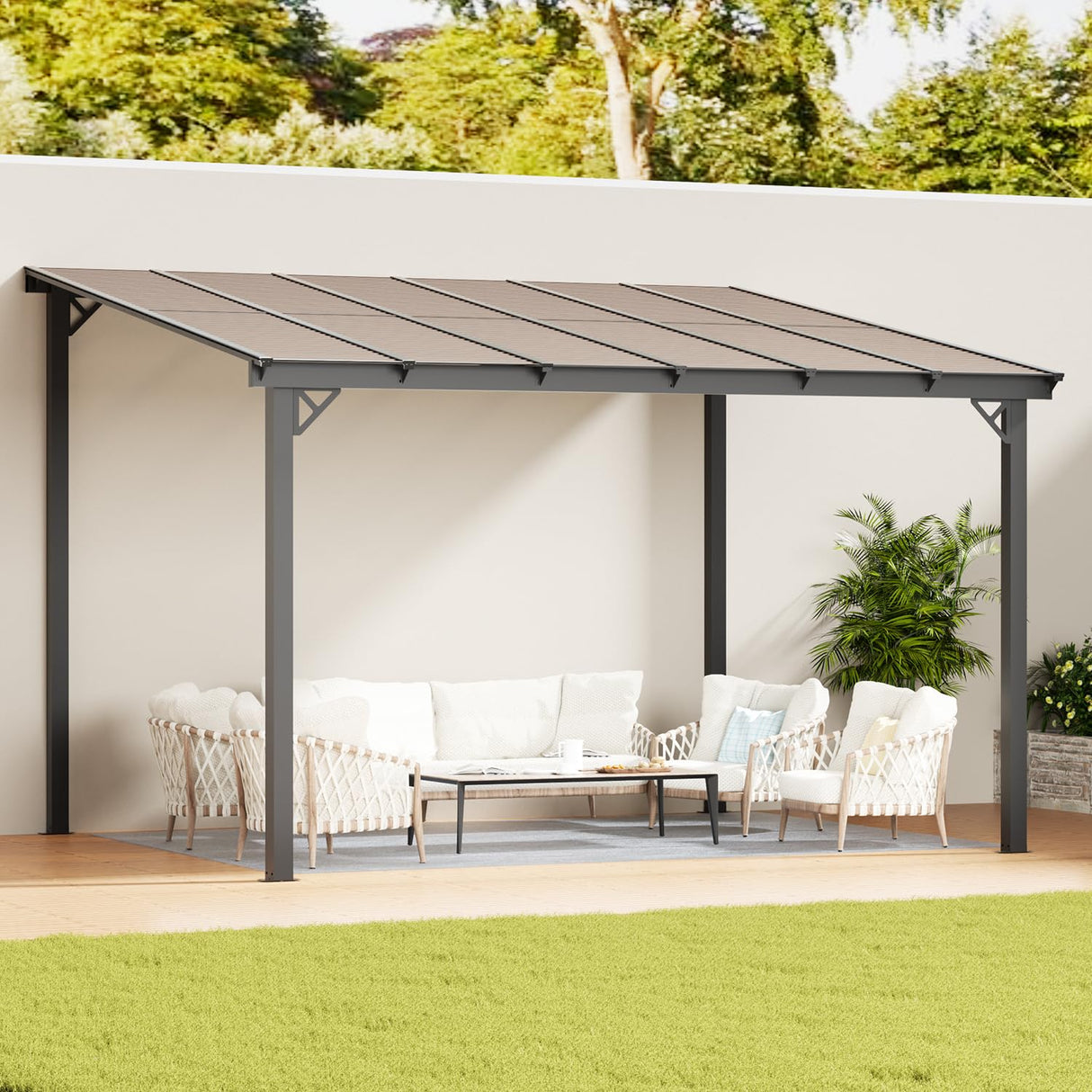 EBE 12' x 10' Gazebo, Wall Mounted Gazebo Pergola on Clearance, Hardtop Lean to Gazebo Awning with Sloped Roof, for Patio, Porch, Deck EBE