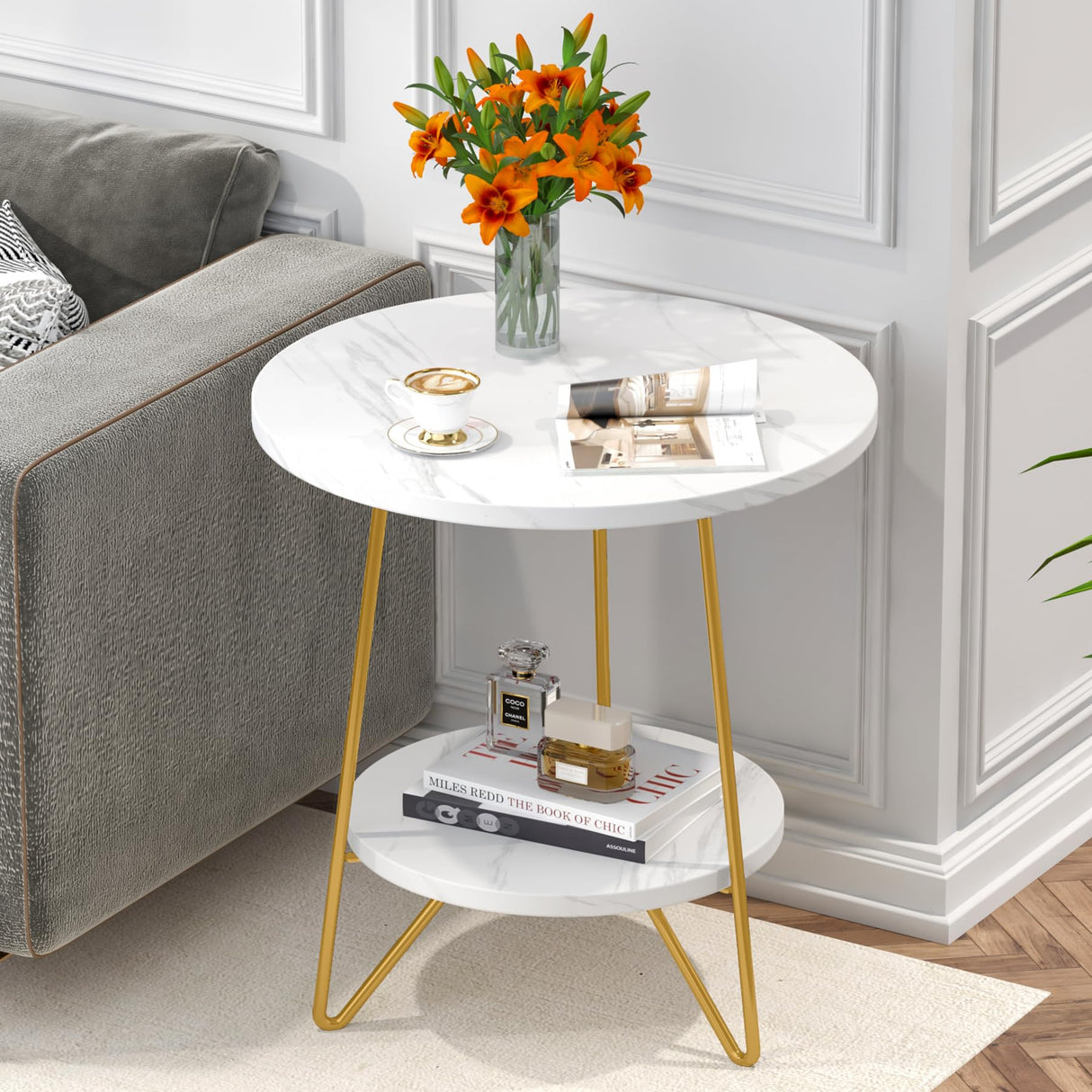 Tribesigns Faux Marble End Table, 2 Tier Round Side Table with Shelves, Modern Gold Nightstand Bedside Table Small Coffee Accent Table for Living Room Bedroom, White and Gold Tribesigns