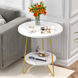 Tribesigns Faux Marble End Table, 2 Tier Round Side Table with Shelves, Modern Gold Nightstand Bedside Table Small Coffee Accent Table for Living Room Bedroom, White and Gold Tribesigns