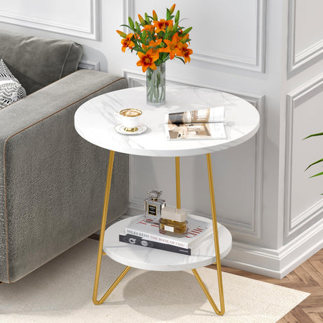 Tribesigns Faux Marble End Table, 2 Tier Round Side Table with Shelves, Modern Gold Nightstand Bedside Table Small Coffee Accent Table for Living Room Bedroom, White and Gold Tribesigns
