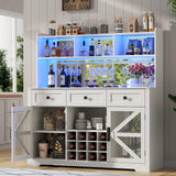 Gyfimoie Farmhouse Wine Bar Cabinet with LED Lights, Kitchen Coffee Bar Cabinet with Acrylic Mirror, Wine & Glass Rack, Storage Shelves and 3 Drawers (2-Tier Hutch) Gyfimoie