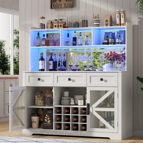 Gyfimoie Farmhouse Wine Bar Cabinet with LED Lights, Kitchen Coffee Bar Cabinet with Acrylic Mirror, Wine & Glass Rack, Storage Shelves and 3 Drawers (2-Tier Hutch) Gyfimoie