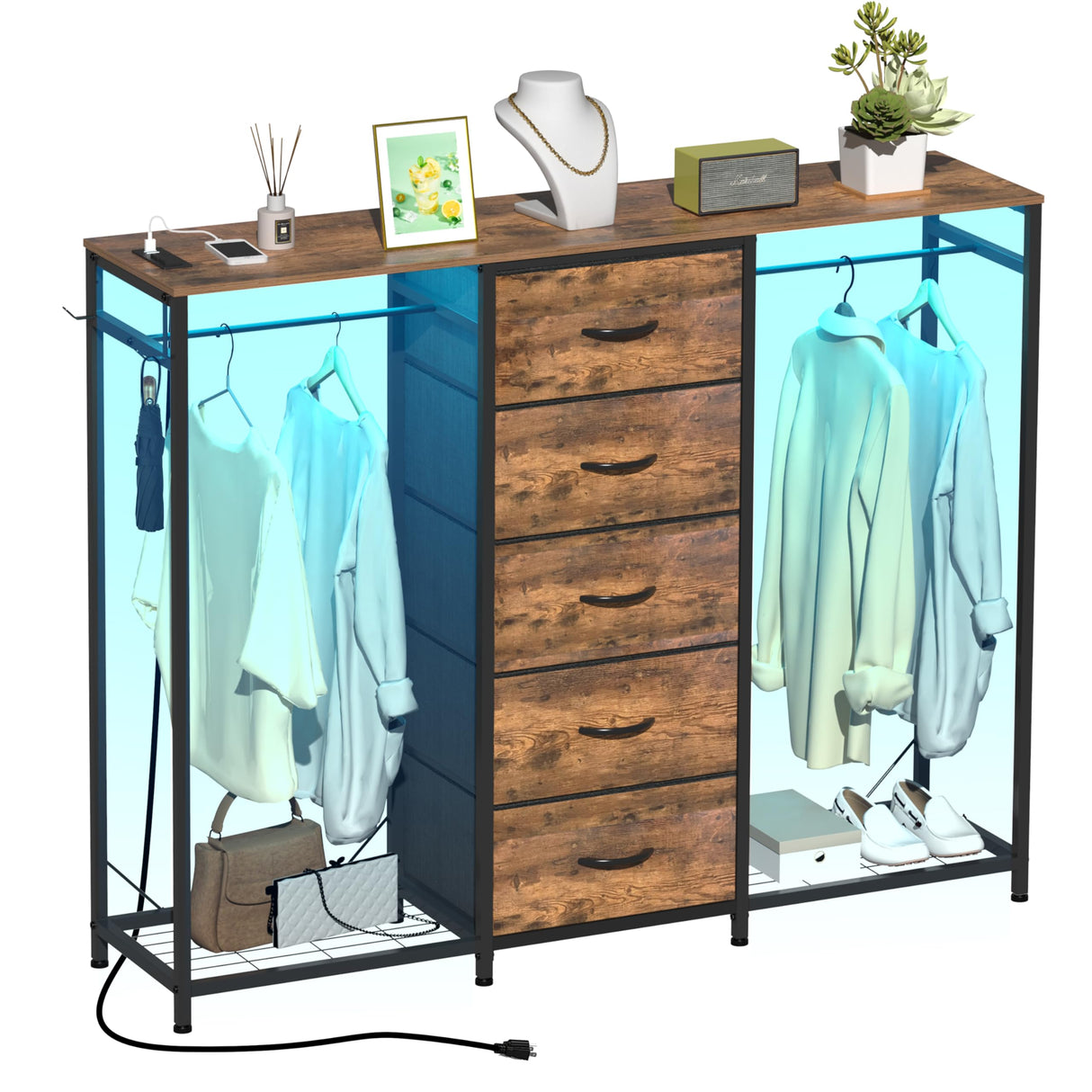 Espelism Dresser for Bedroom with Clothes Rack 5 Drawer Dresser with Charging Station LED Lights White Chest of Drawers Flexible Shelf and Open Storage Space for Bedroom Living Room (Brown) Espelism