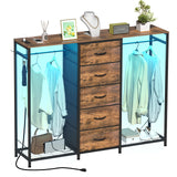 Espelism Dresser for Bedroom with Clothes Rack 5 Drawer Dresser with Charging Station LED Lights White Chest of Drawers Flexible Shelf and Open Storage Space for Bedroom Living Room (Brown) Espelism