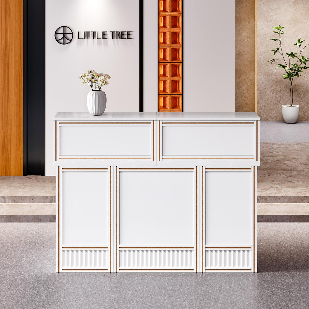 LITTLE TREE 57-Inch Reception Desk with Counter, Boho Style Front Desk, Modern Checkout Counter, Receptionist Desk for Retail, Lobby, Salon, Office, White LITTLE TREE