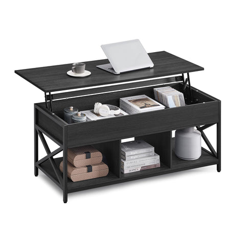 VASAGLE Lift Top Coffee Table, Lift Coffee Table with Storage Shelf, Hidden Compartments and Lifting Top, for Living Room, Office, 19.7 x 47.2 x (19.3-24.4) Inches, Black with Wood Grain ULCT212B22 VASAGLE