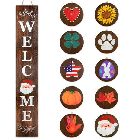 Perfnique Interchangeable Welcome sign for front porch standing, 47 x 7.9 Inch Black Wooden Leaner Sign with 10 Interchangeable Designed Icons, Morden Farmhouse Rustic Seasonal Decor for Spring PERFNIQUE