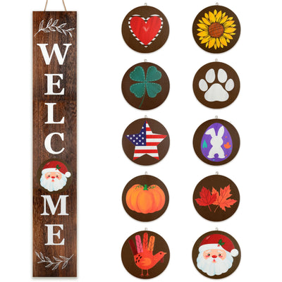 Perfnique Interchangeable Welcome sign for front porch standing, 47 x 7.9 Inch Black Wooden Leaner Sign with 10 Interchangeable Designed Icons, Morden Farmhouse Rustic Seasonal Decor for Spring