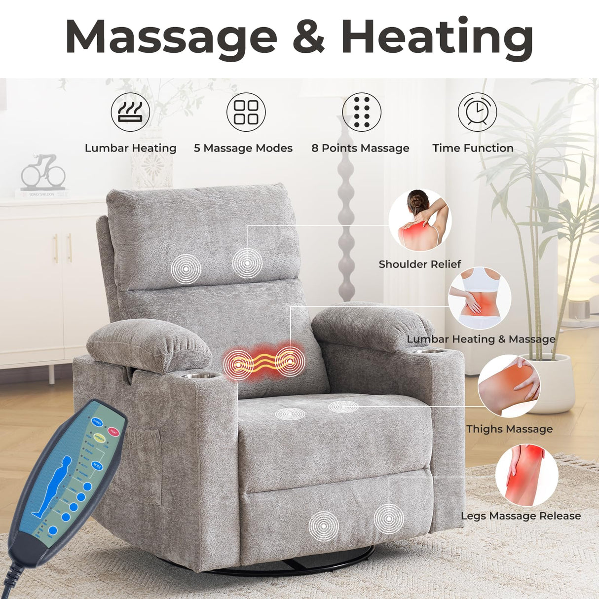 Oversized Power Recliner Chair Swivel Glider with Massage and Heat, Swivel Rocker Recliner with Adjustable Armrests, 26" Nursery Chair with Adjustable Headrest, Rocker Nursery Recliner, Light Grey Rhevoy